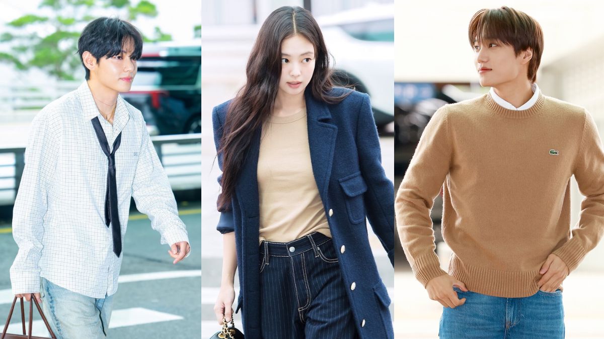 Split image showing BTS's V, BLACKPINK's Jennie, and EXO's Kai at Incheon Airport, each wearing designer fashion for Paris Fashion Week 2025.