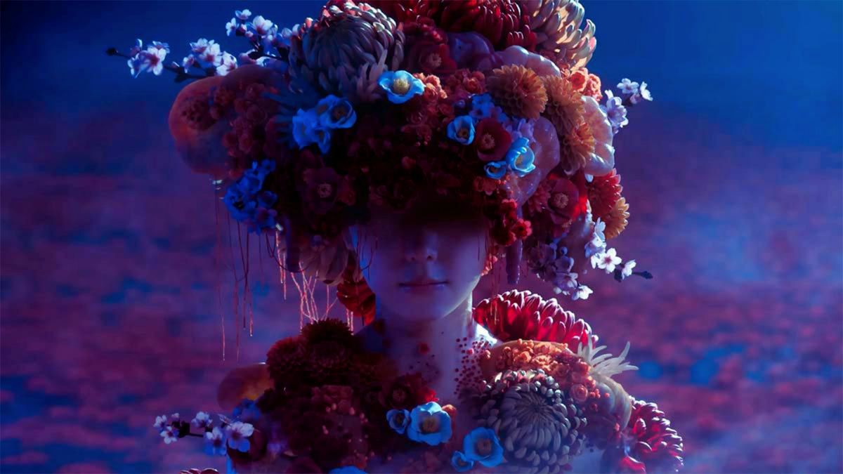 A horrific image of a young female face mostly obscured by an unnerving, massive bouquet of red and blue flowers and other growth, symbolizing a creature or corruption.