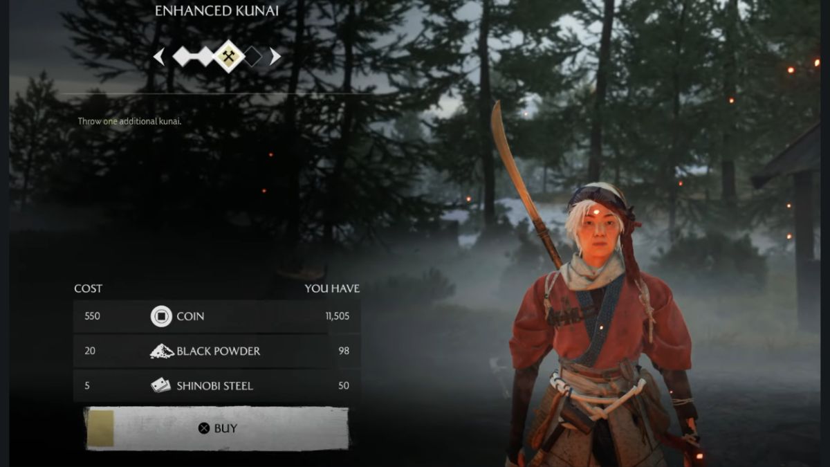 Ghost of Yōtei upgrade screen showing the Enhanced Kunai option and costs: 550 Coin, 20 Black Powder, and 5 Shinobi Steel.