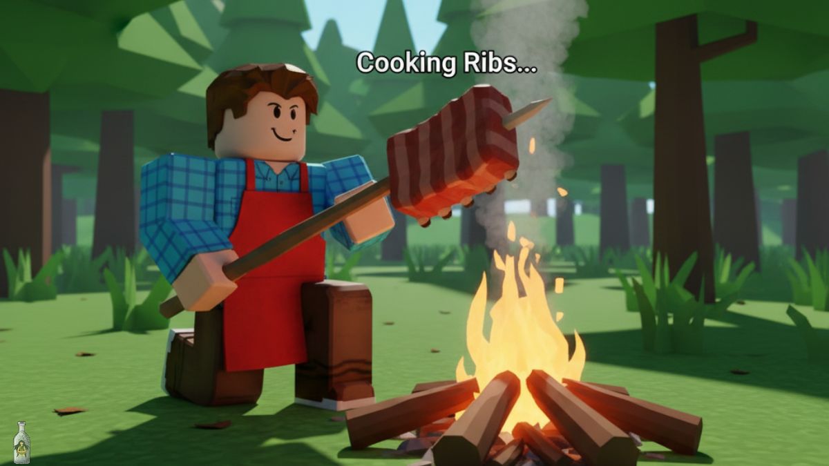 A Roblox character in a red apron kneeling and holding a stick with raw Ribs over a campfire, with smoke rising and a landscape forest background.
