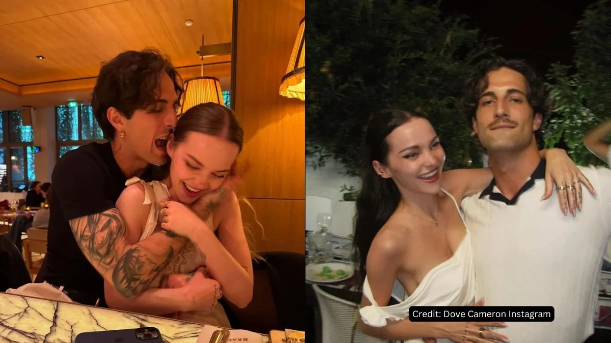 Composite image of Dove Cameron and her fiancé Damiano David of Måneskin, embracing and smiling in romantic photos shared on social media.