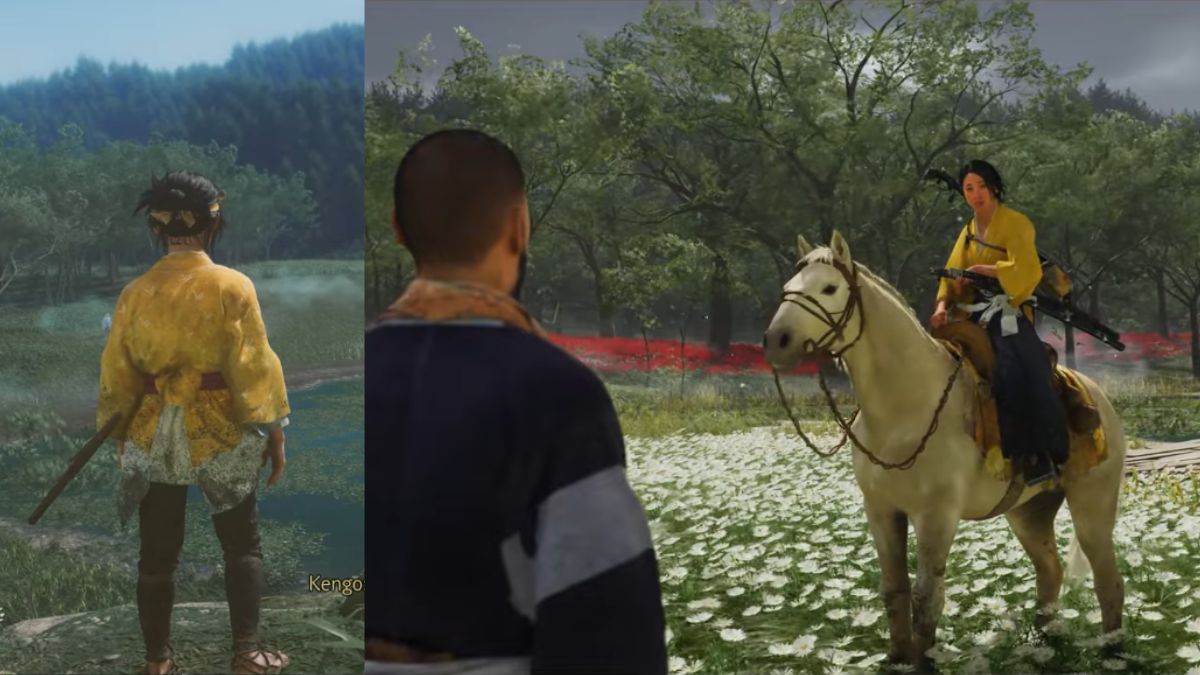 A split image featuring Atsu in her yellow attire: standing alone in a clearing (left) and sitting on a white horse talking to the stable master (right), highlighting the choice of a mount.