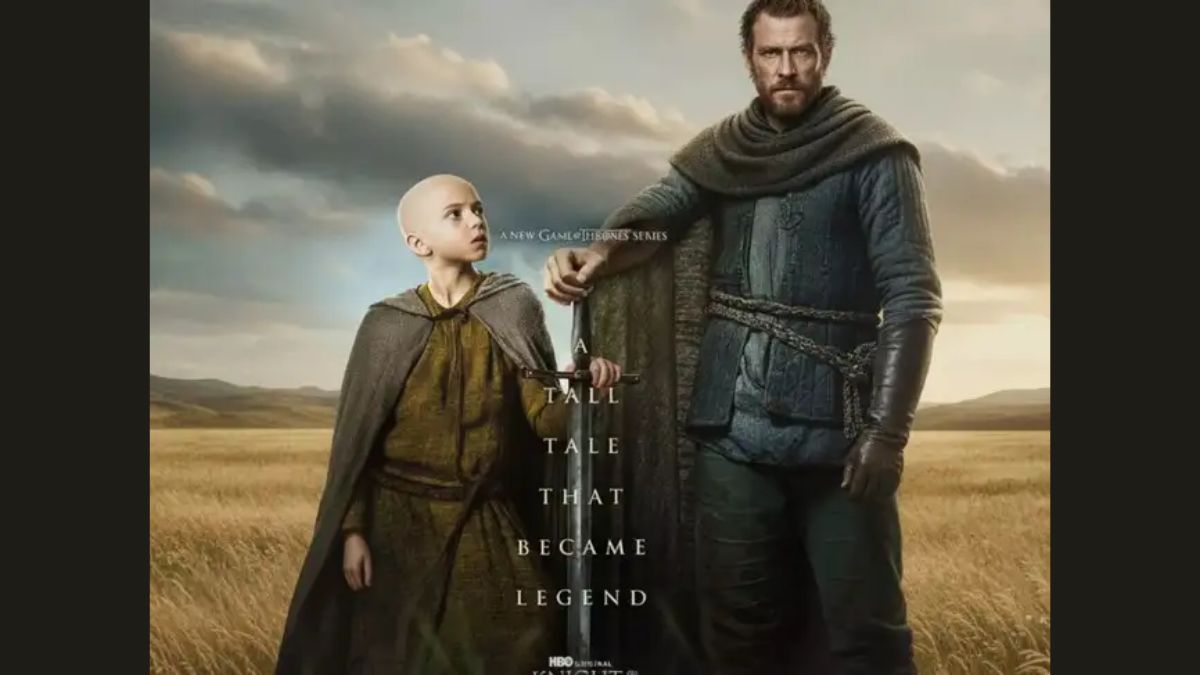 Promotional poster for A Knight of the Seven Kingdoms showing Ser Duncan the Tall (Dunk) and the young Aegon V Targaryen (Egg) standing in a field, with the text "A TALL TALE THAT BECAME LEGEND."