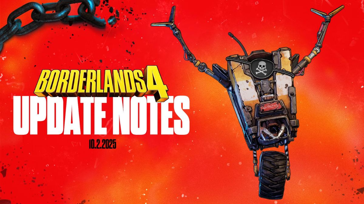 Borderlands 4 October 2, 2025 update notes banner featuring Claptrap with a pirate flag on a red and orange chaotic background.