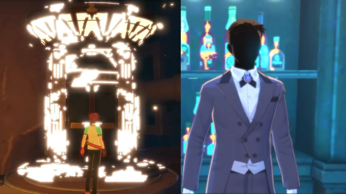 Split-screen image showing the glowing In-Between Theater portal on the left and the suit-wearing Barkeep vendor on the right, connecting the location with the seller.