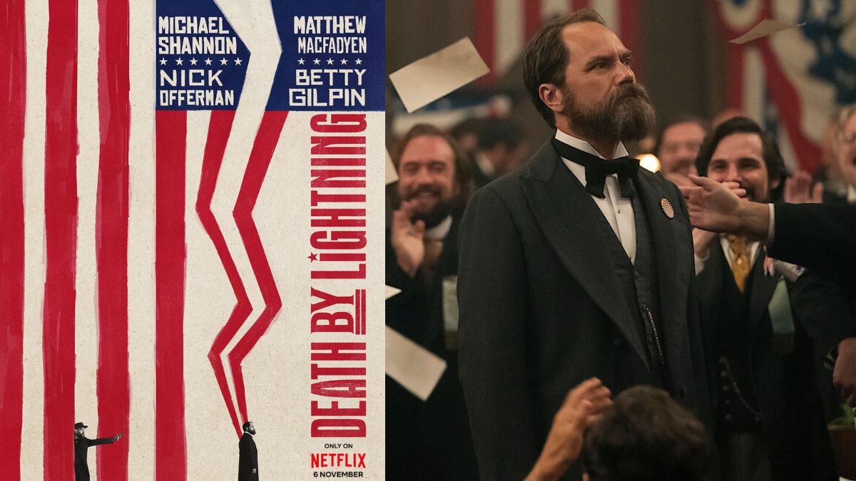Split promotional image for Death by Lightning: The left features a red/white/blue poster listing Michael Shannon and Matthew Macfadyen; the right shows Macfadyen as the unhinged assassin Charles J. Guiteau.