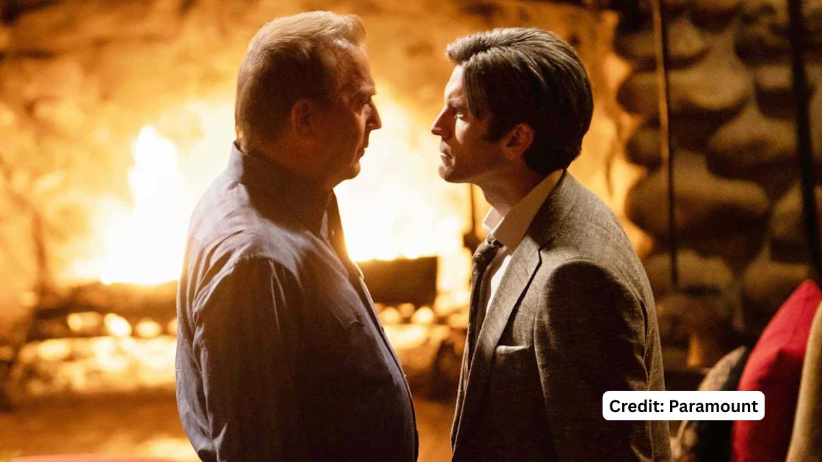 Kevin Costner (John Dutton) arguing face-to-face with Wes Bentley (Jamie Dutton) in a tense scene from Yellowstone, mirroring their reported on-set clash.