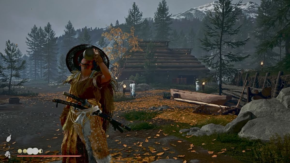 Atsu wearing a samurai hat and armor, standing in a village clearing with a wooden house and mountains in the background, focusing on the game's environment.