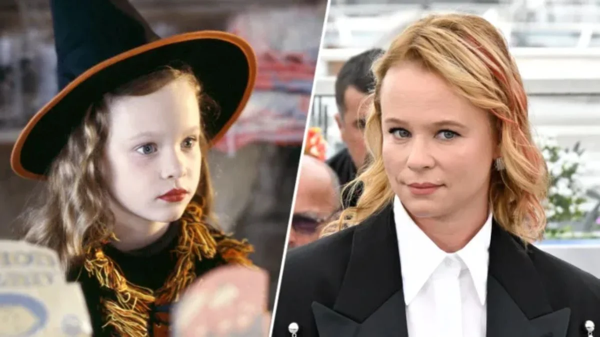 Split image showing actress Thora Birch as a young Dani Dennison in a witch hat on the left, and a recent photo of the adult Thora Birch on the right.