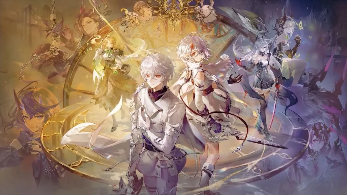 Official key art for the Duet Night Abyss action RPG, showing the two white-haired protagonists surrounded by a rotating cast of powerful, elemental characters within a golden, clockwork-like frame.