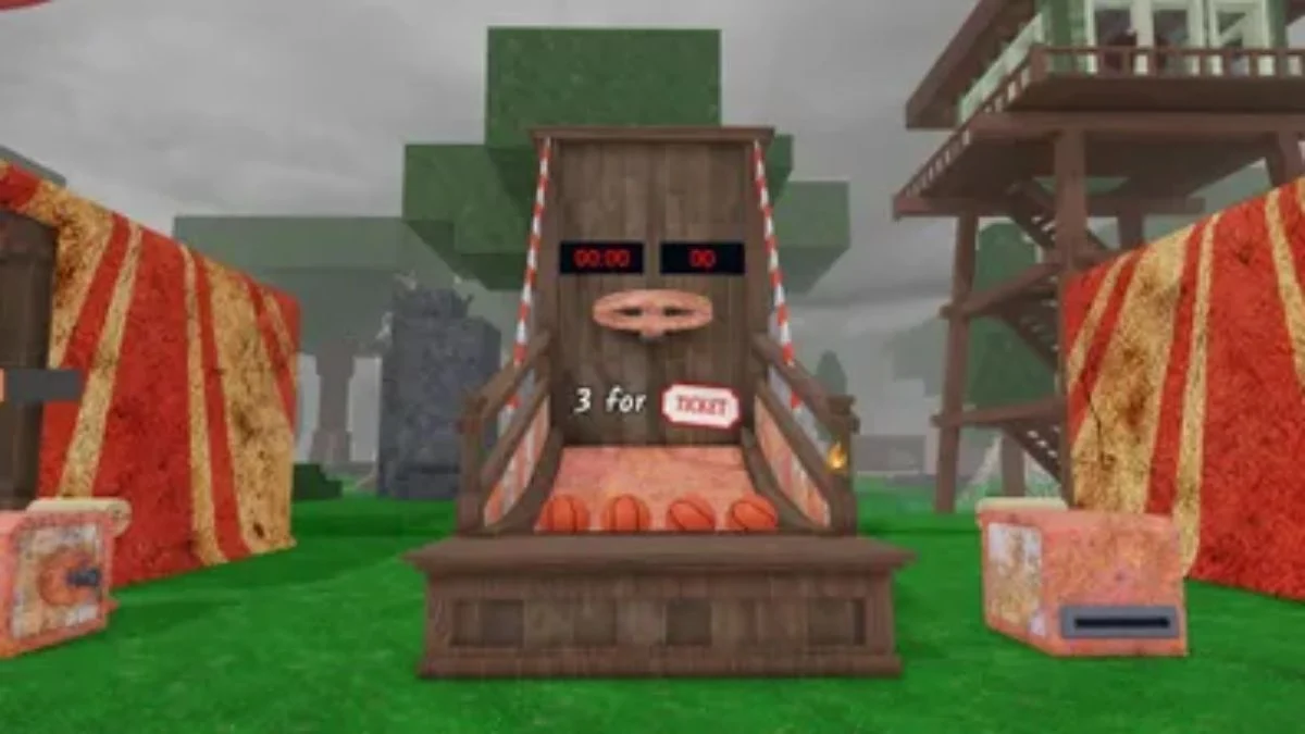 Screenshot of the Basketball Carnival minigame in 99 Nights in the Forest, showing the wooden frame, hoops, and a '3 for TICKET' sign.
