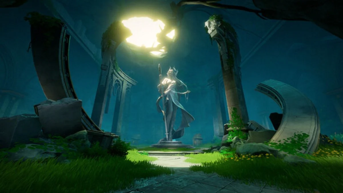 In-game screenshot of a large, ancient statue of a female character with long white hair in a dark, overgrown ruin, illuminated by a bright overhead light.