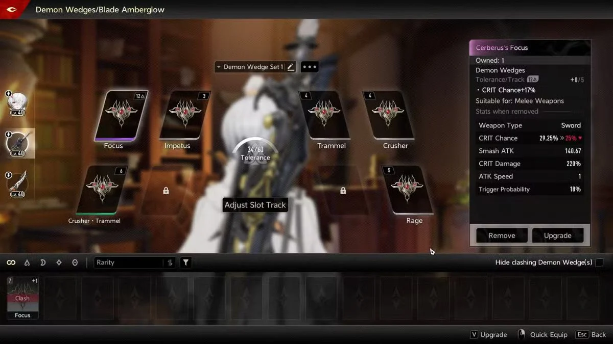 Duet Night Abyss Demon Wedges equipment screen showing the character 'Blade Amberglow' with a Demon Wedge Set equipped, including 'Focus', 'Impetus', 'Trammel', 'Crusher', and 'Rage'.