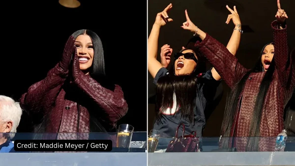 Split photo of Cardi B clapping (left) and cheering wildly with her arms raised (right), celebrating Stefon Diggs' touchdown.