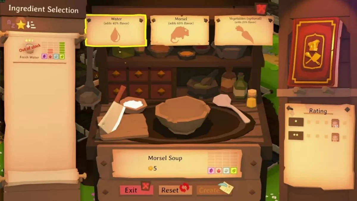 The Ingredient Selection cooking interface showing "Out of stock" next to Fresh Water, explaining why chefs are standing idle.