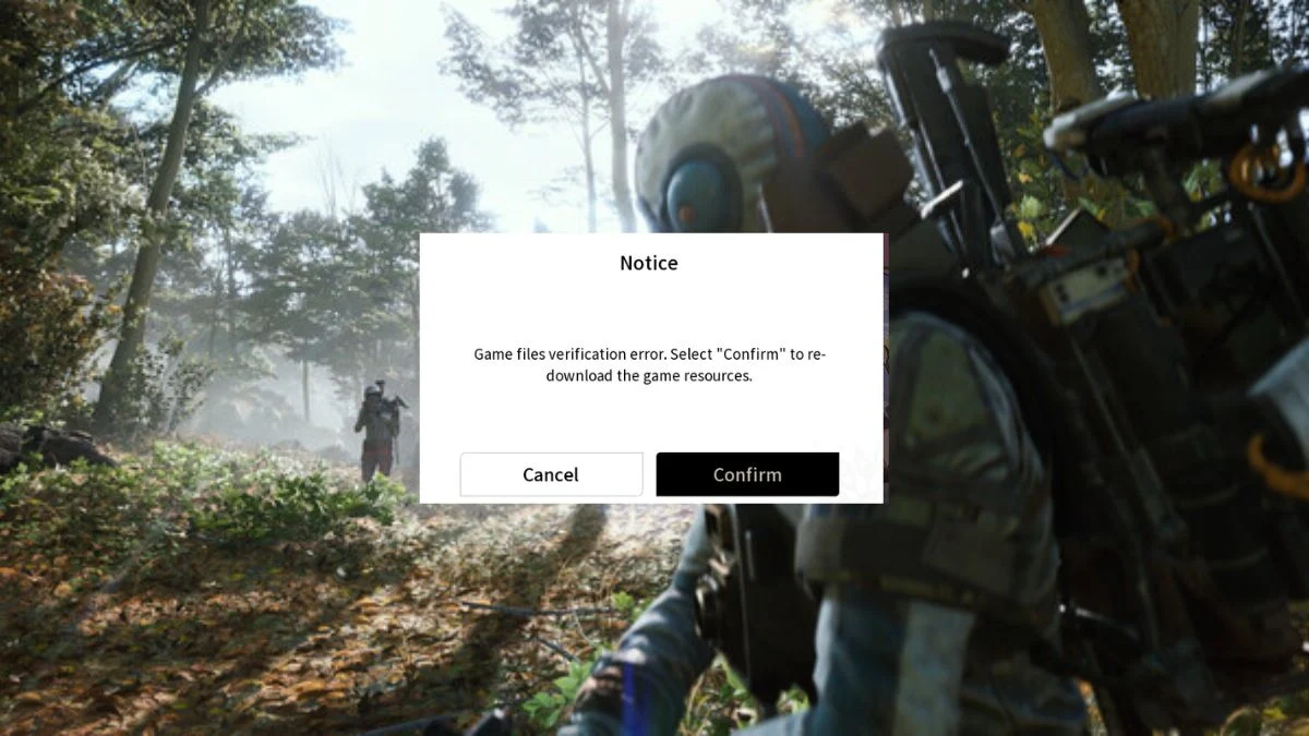 A "Notice: Game files verification error" pop-up box overlaid on a forest background, advising the user to select "Confirm" to re-download game resources, which is a common symptom of the Duet Night Abyss "Download Failed" problem.
