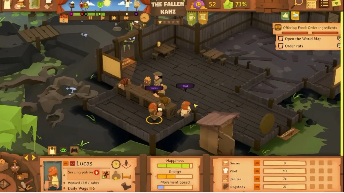 Isometric view of the tavern "The Fallen Kanz" showing employees Lucas and Paul working at the bar, with Lucas's detailed stats like Happiness and Energy displayed at the bottom.
