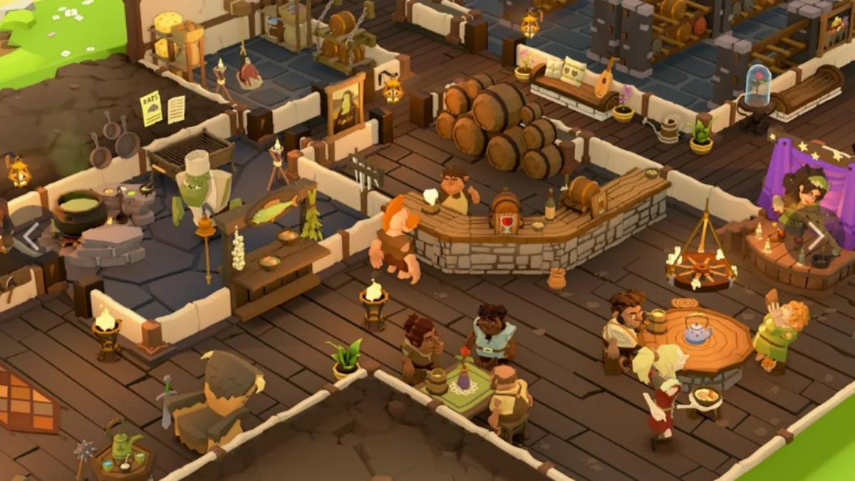 Isometric view of a clean and busy tavern interior with wooden floors, a central bar, cooking station, and several animated patrons and staff, illustrating a well-run establishment.