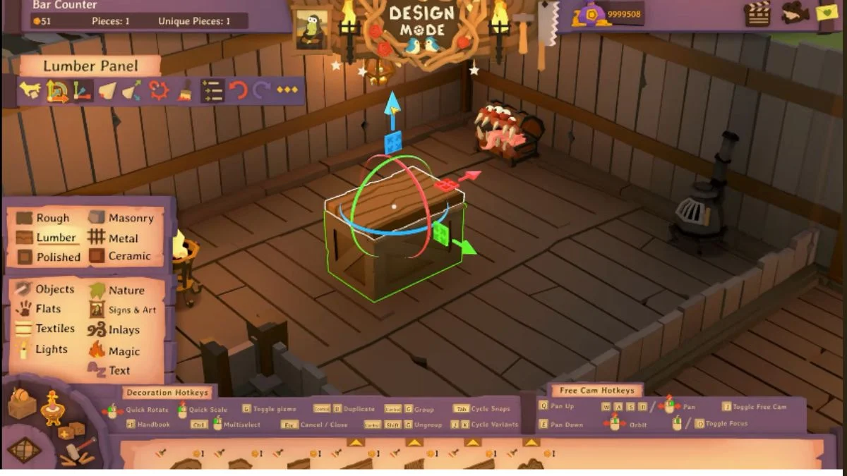 An item in Design Mode showing the movement/rotation gizmo (red, green, blue axes) over a decorative wooden crate, illustrating how to select and reposition decorations.