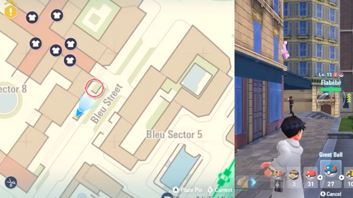 Map showing the Orange Flabébé's precise spawn location on Bleu Street in the Bleu Sector of Lumiose City, next to a sidewalk and building facade.