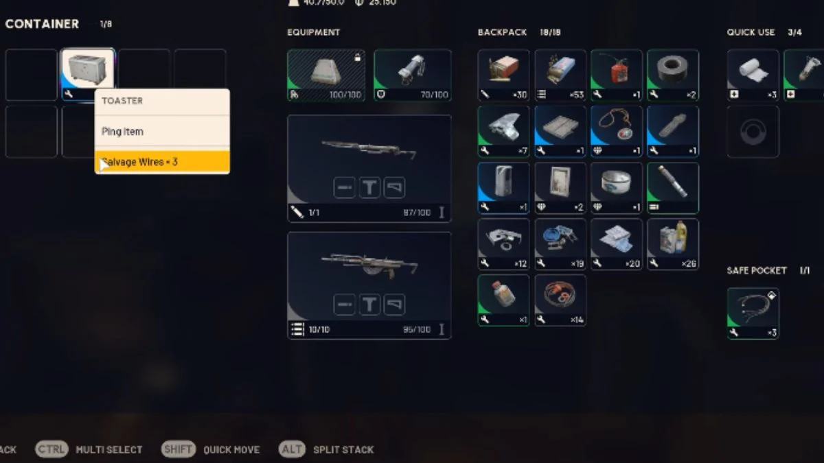 The inventory screen showing a right-click menu over an item (Toaster) with the option to "Salvage Wires - 3," demonstrating the recycling process.