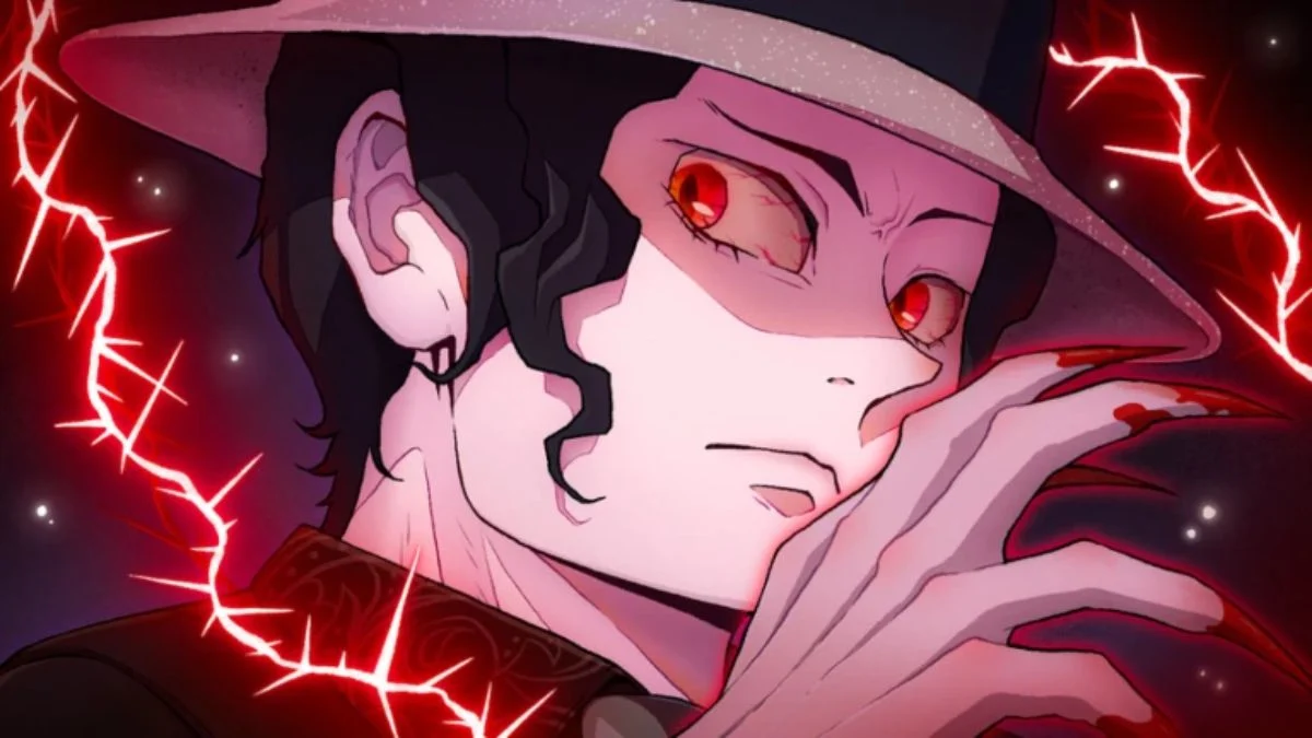 Close-up anime style portrait of a sinister demon character with red eyes and sharp nails, representing a key figure in the Demon Blade Roblox game.