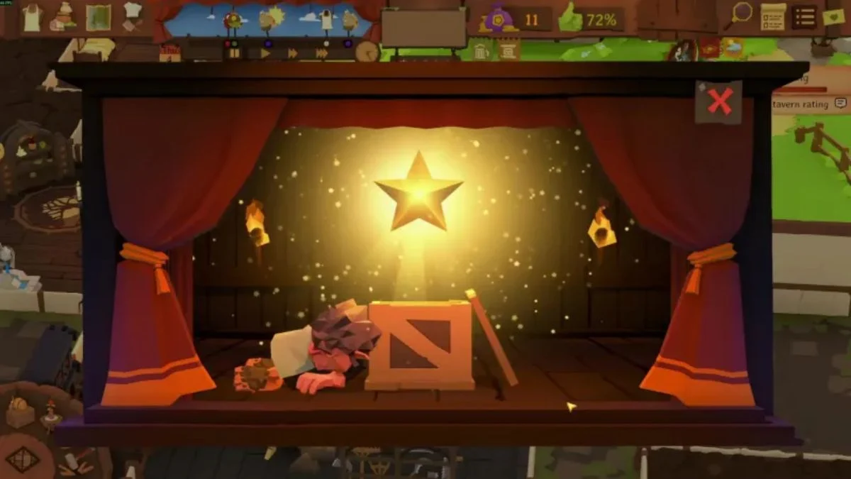 A theatrical presentation of a glowing gold star on a small wooden stage with red curtains, symbolizing the achievement of a high tavern rating.