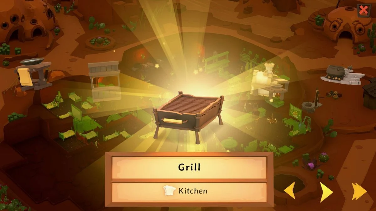 An image of a "Grill" cooking station being unlocked or placed in the game world, highlighting the available kitchen equipment.