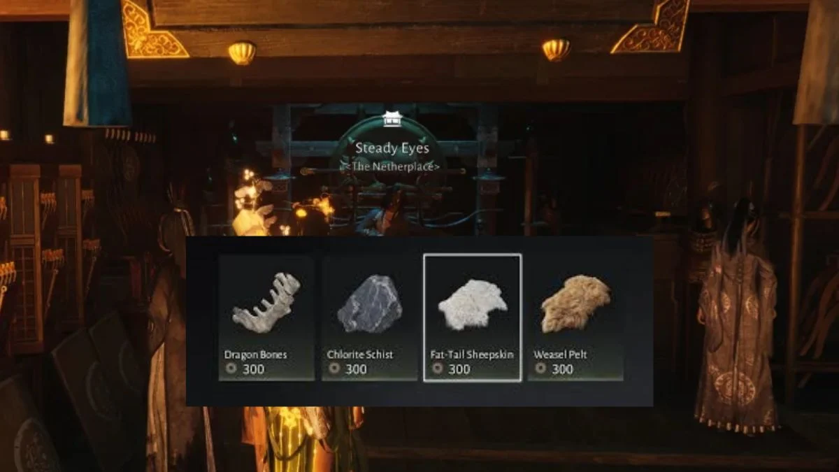 The Netherplace shop interface in Where Winds Meet showing Dragon Bones, Chlorite Schist, Fat-Tail Sheepskin, and Weasel Pelt for sale.