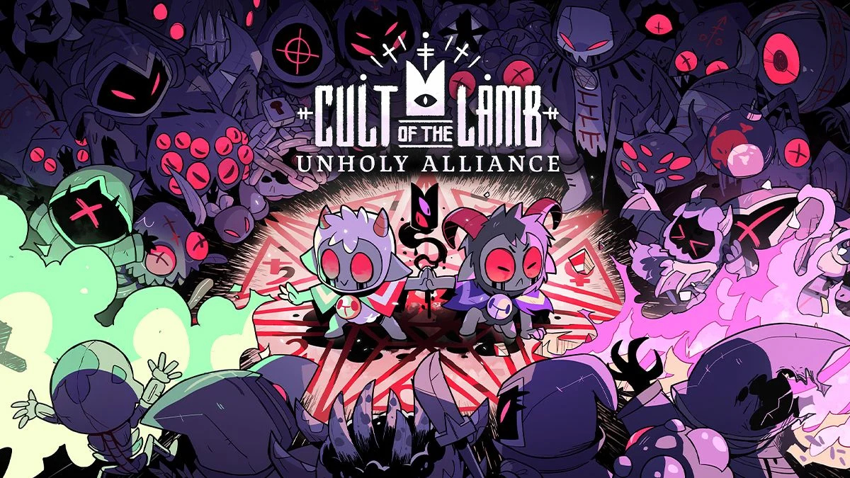 The official promotional artwork for the Cult of the Lamb: Unholy Alliance update, featuring the original Lamb and the new playable co-op character, the Goat, surrounded by followers and enemies in a dark, stylized scene.