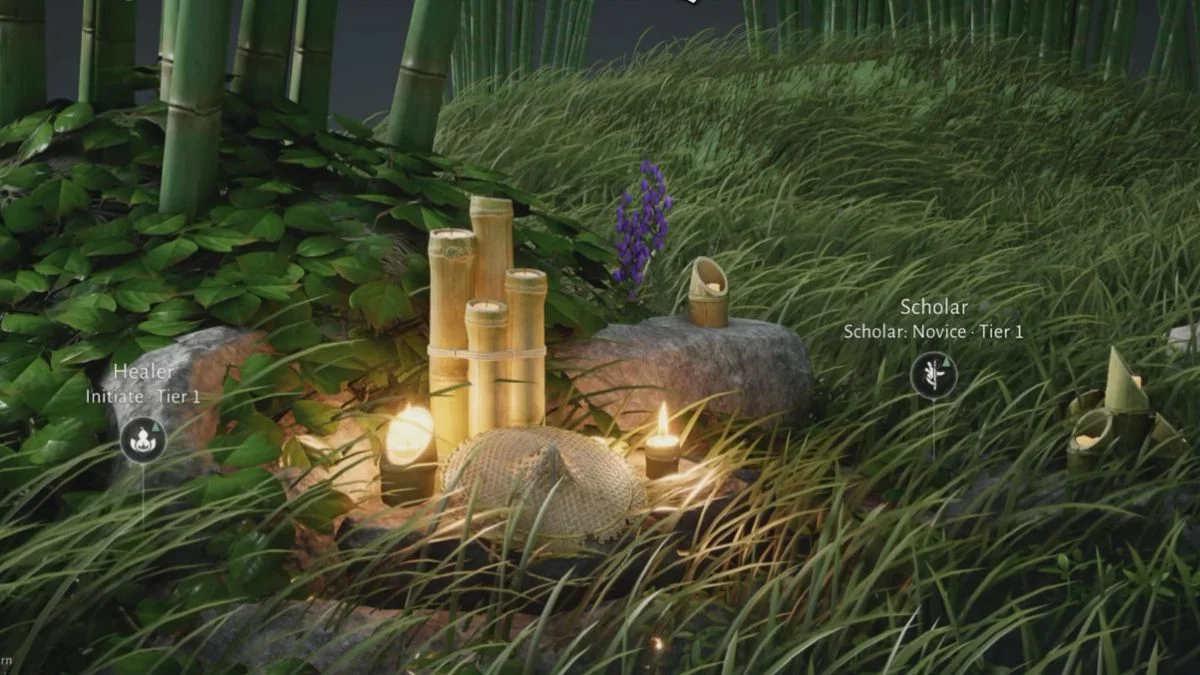 In-game UI showing Healer Initiate Tier 1 and Scholar Novice Tier 1 progress icons over a bamboo forest background.