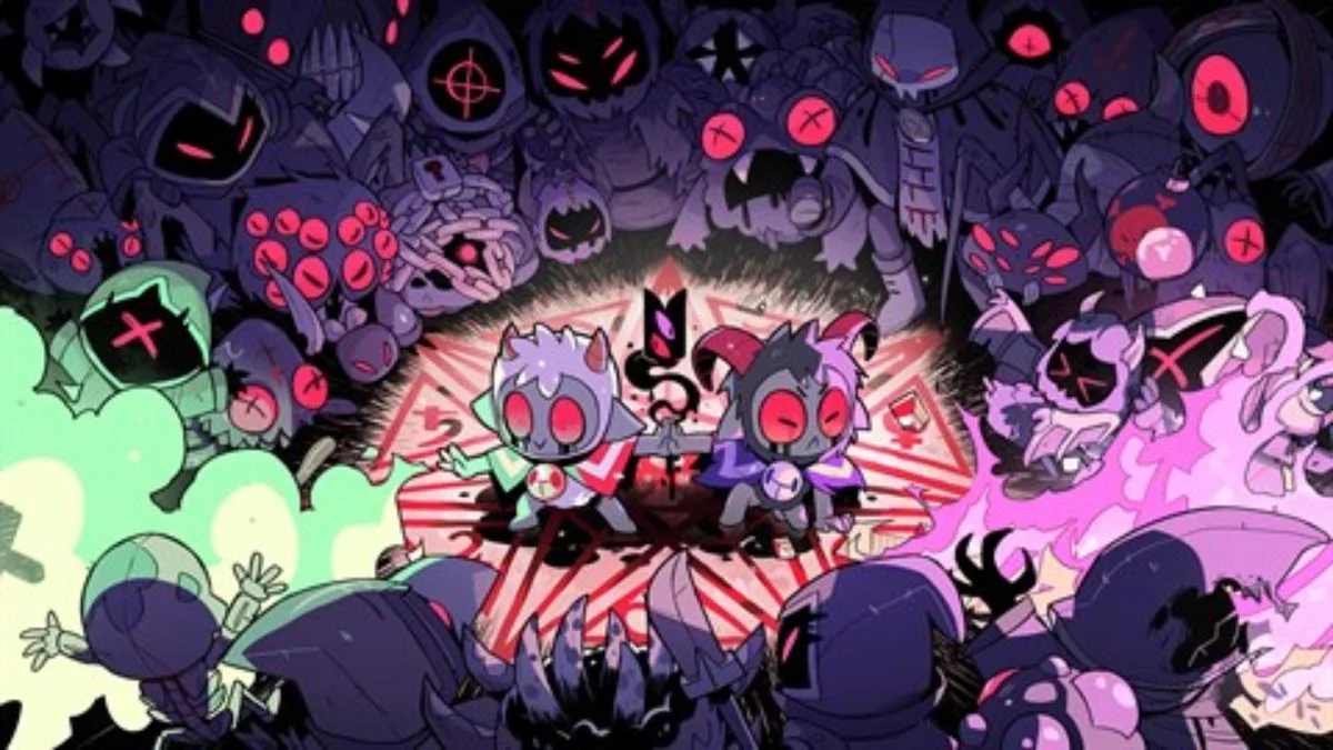 Two lamb characters performing a ritual together in Cult of the Lamb, surrounded by dark hooded followers.