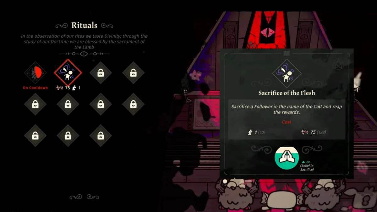 The Rituals menu in Cult of the Lamb showing the Sacrifice of the Flesh icon selected with a cost of 75 bones and 1 follower.