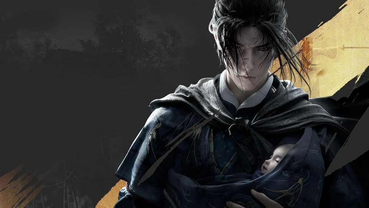 The main protagonist of Where Winds Meet holding a baby in a dark, cinematic setting.