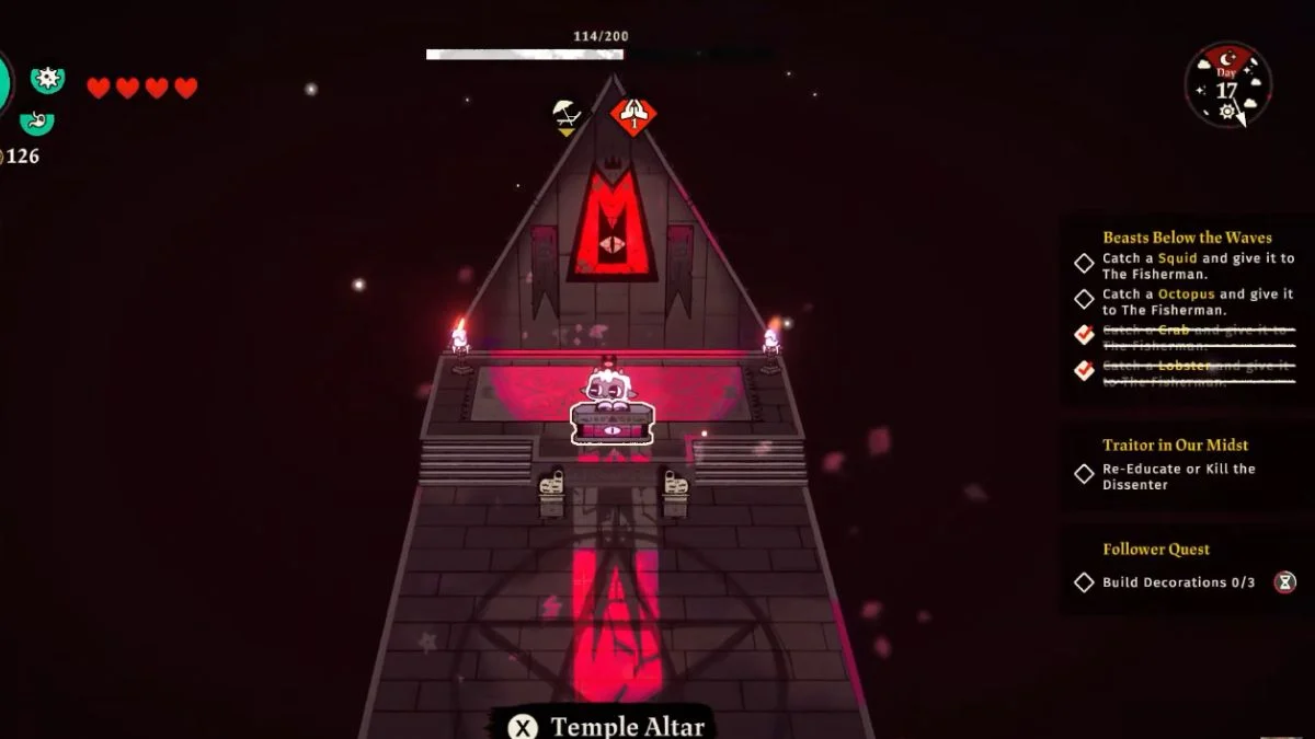 The Lamb standing at the Temple Altar in Cult of the Lamb with a red UI showing active quests and follower management options.