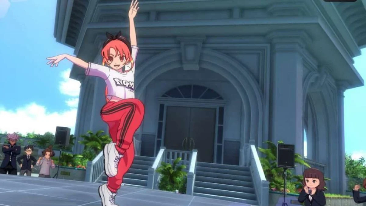 Inazuma Eleven Victory Road in-game scene showing a character performing a dancing or juggling mini game outside, which can drop Zeal or Gratitude tokens.