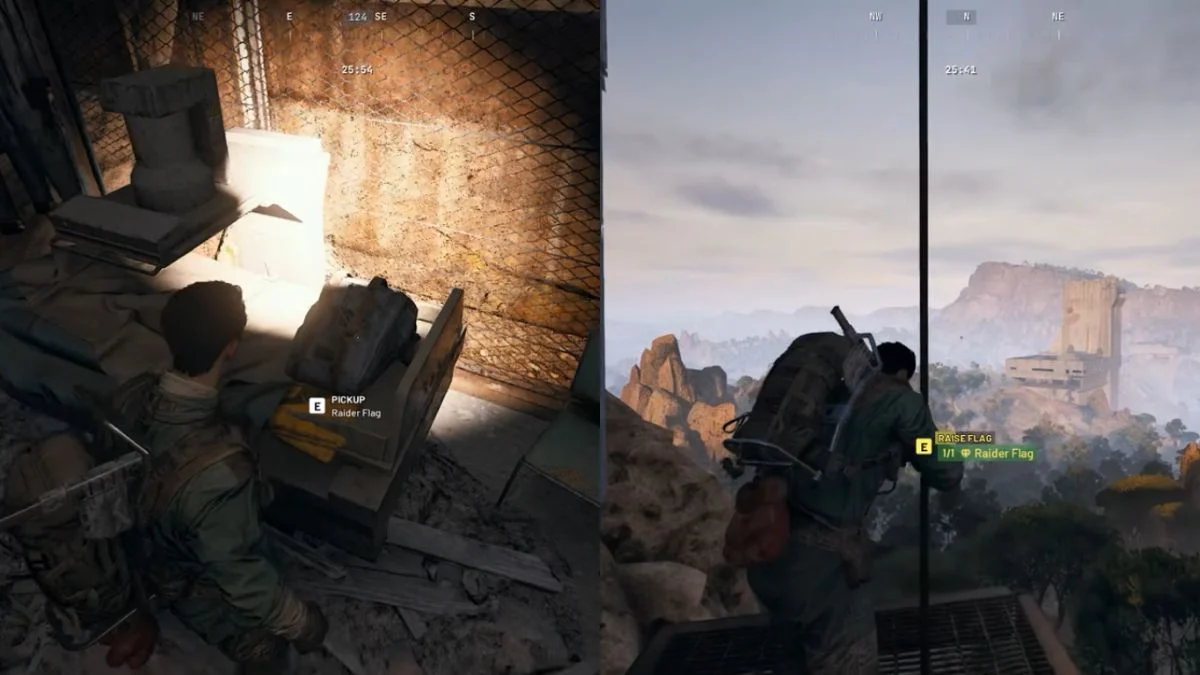 A split-screen image showing the flag being picked up from a bed on the left and being raised on a pole on the right.