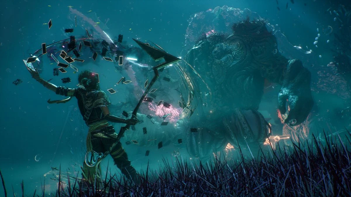 A warrior character fighting an enormous, ornate, humanoid sea monster underwater, with floating debris and glowing energy effects.