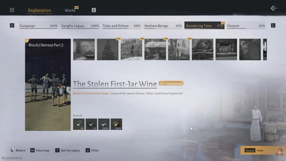 The Exploration tab showing the "The Stolen First-Jar Wine" Wandering Tale marked as 'Completed' and listing the rewards: Echo Jade, Qinghe Exploration, Character EXP, and Coin.