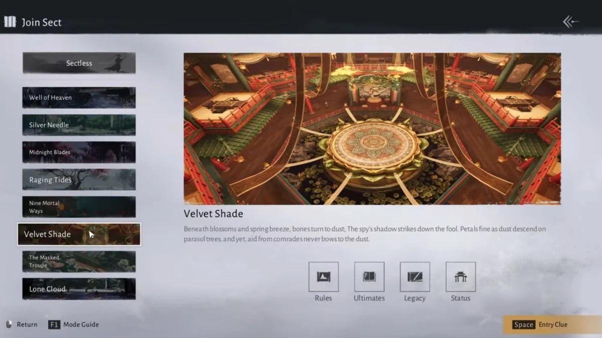 The 'Join Sect' menu screen in Where Winds Meet, showing the Velvet Shade sect highlighted along with its complex 'Entry Clue' regarding poetic spirit and extraordinary elegance.