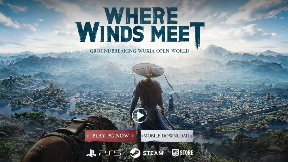 Where Winds Meet official promotional art featuring a Wuxia warrior overlooking a vast open-world city with logos for PS5, Steam, and Epic Games Store.