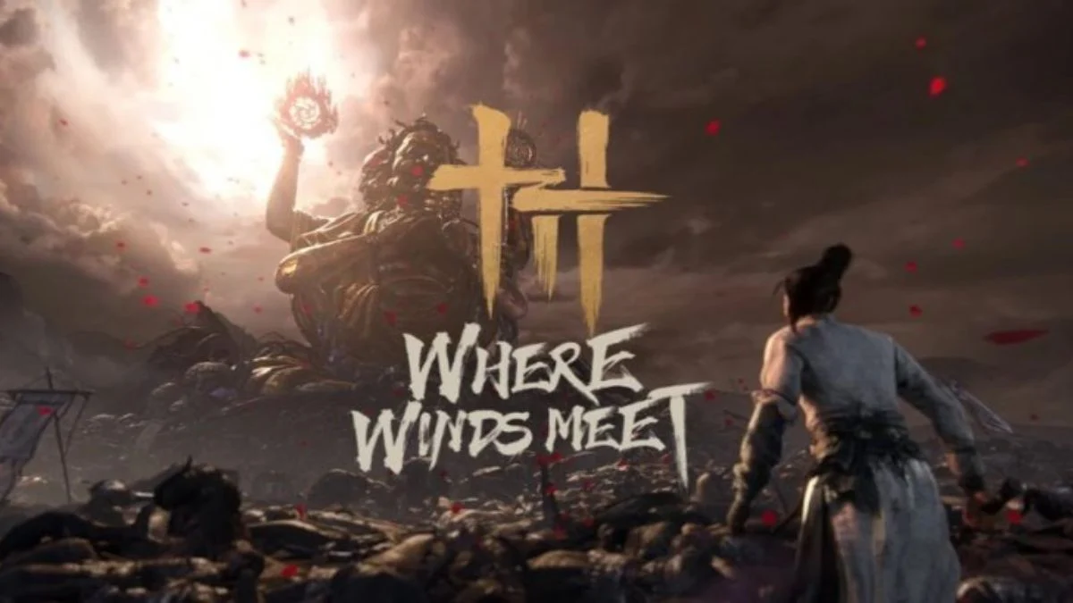 The official title screen and logo for Where Winds Meet, featuring a player character looking up at a massive, ancient statue with a dramatic, dark sky.