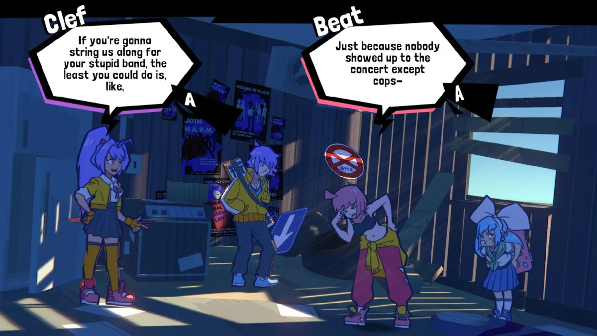 Dialogue scene from UNBEATABLE featuring characters Clef, Beat, and two others arguing in a messy practice room, showcasing the game's character-driven story and unique art style.