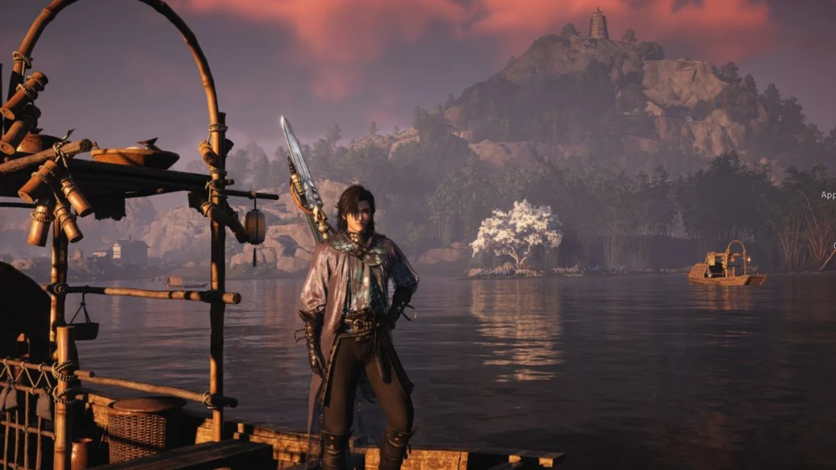 A player character standing on a wooden dock overlooking a foggy lake and green mountains in Where Winds Meet, representing the open-world map of Jianghu.