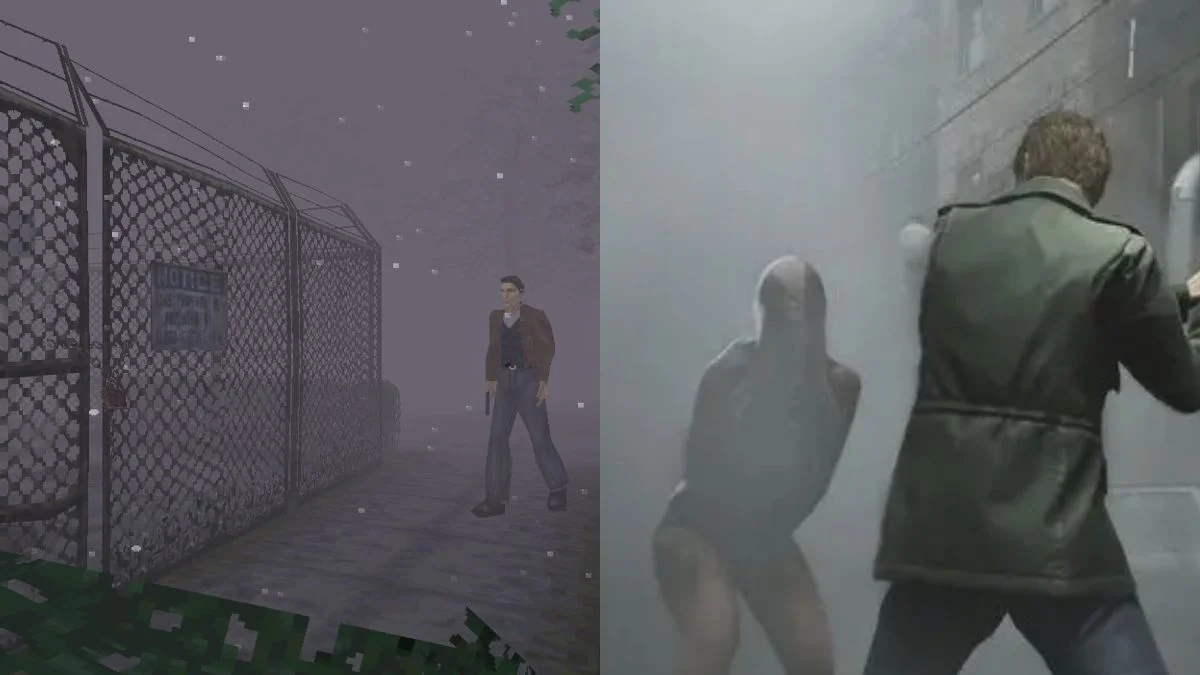 A split screen image. On the left, a low-polygon screenshot of Harry Mason from the original Silent Hill 1 standing near a chain-link fence in the fog. On the right, a high-fidelity screenshot of James Sunderland from the Silent Hill 2 Remake looking at a monster in an alley.