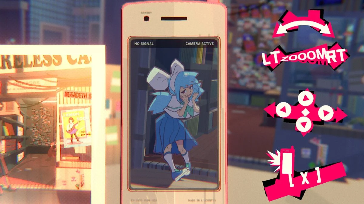 A stylish anime-inspired character displayed on a retro mobile phone screen, with bold pink controls overlaid, illustrating the rhythm-action gameplay interface of Unbeatable.