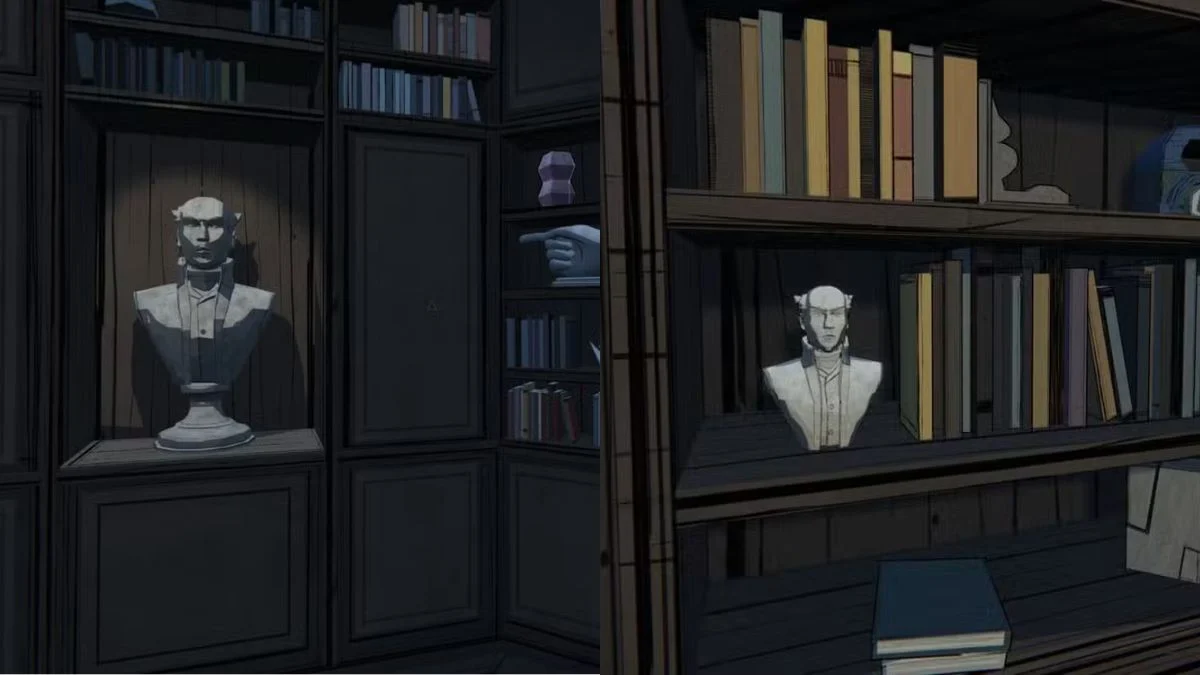 A split-screen view showing a stone bust on a bookshelf and the hidden safe revealed behind it in the Blue Prince Office.