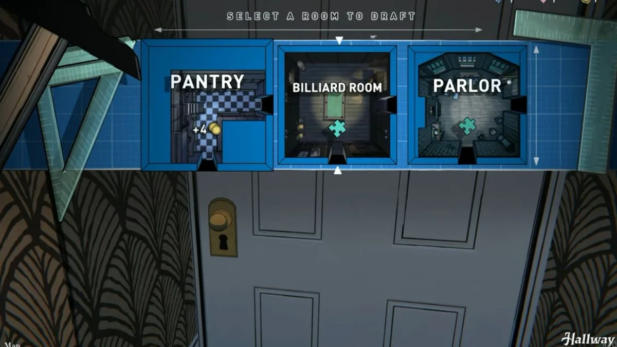 A blueprint selection screen in Blue Prince showing the Pantry, Billiard Room, and Parlor room cards to draft.