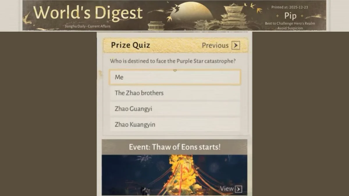 World's Digest Prize Quiz in Where Winds Meet asking "Who is destined to face the Purple Star catastrophe?" with the Zhao brothers as an option.