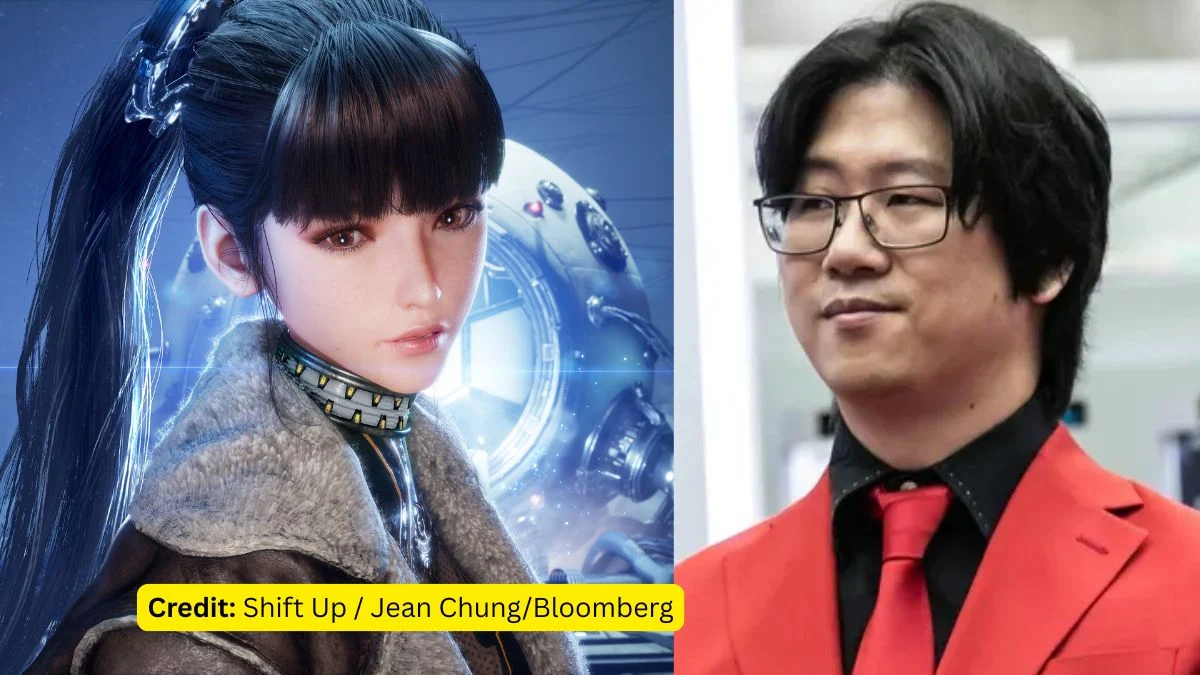 Split image featuring the main female character from the game Stellar Blade on the left, and Shift Up CEO Hyung-tae Kim, wearing a red suit jacket and black shirt, on the right.